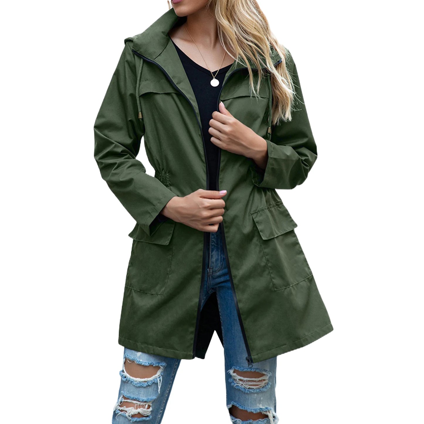 Women's casual hooded jacket with waist drawstring and pockets