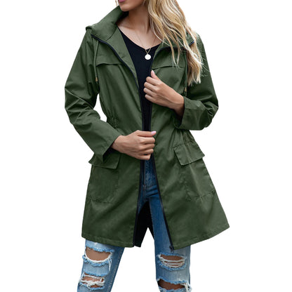 Women's casual hooded jacket with waist drawstring and pockets