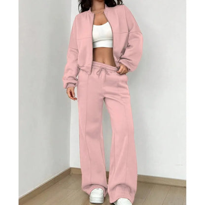 Women's casual zipper bomber jacket and wide leg pants set