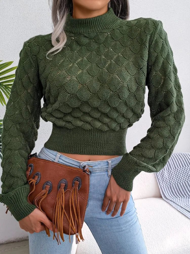 Women's diamond hollow long sleeve cropped knitted sweater