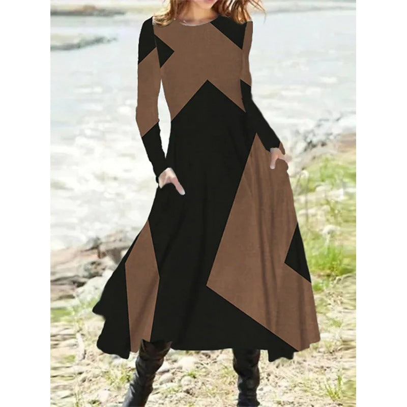 Women's Long-Sleeve A-Line Dress - Asymmetrical Patchwork - Round Neck - With Pockets
