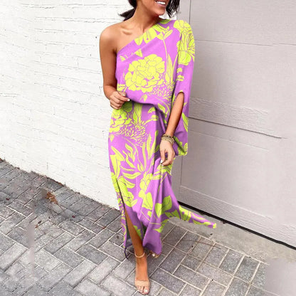 Women's One-Shoulder Maxi Dress - Floral Print - Elegant Flowing Silhouette