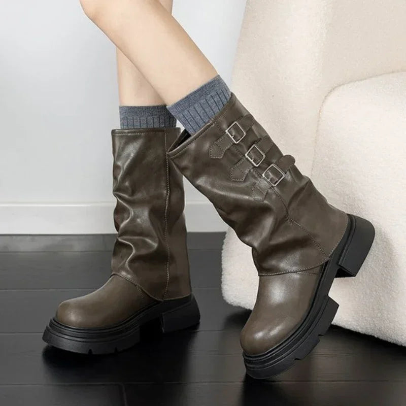 Retro chunky heel biker boots for women with buckle detailing