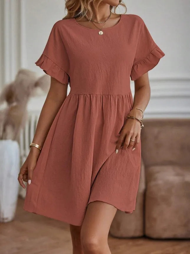 Women’s A-Line Mini Dress - Short Sleeve - Ruffle Hem - Elastic Waist - Casual Fit