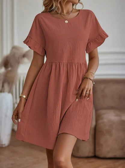 Women’s A-Line Mini Dress - Short Sleeve - Ruffle Hem - Elastic Waist - Casual Fit