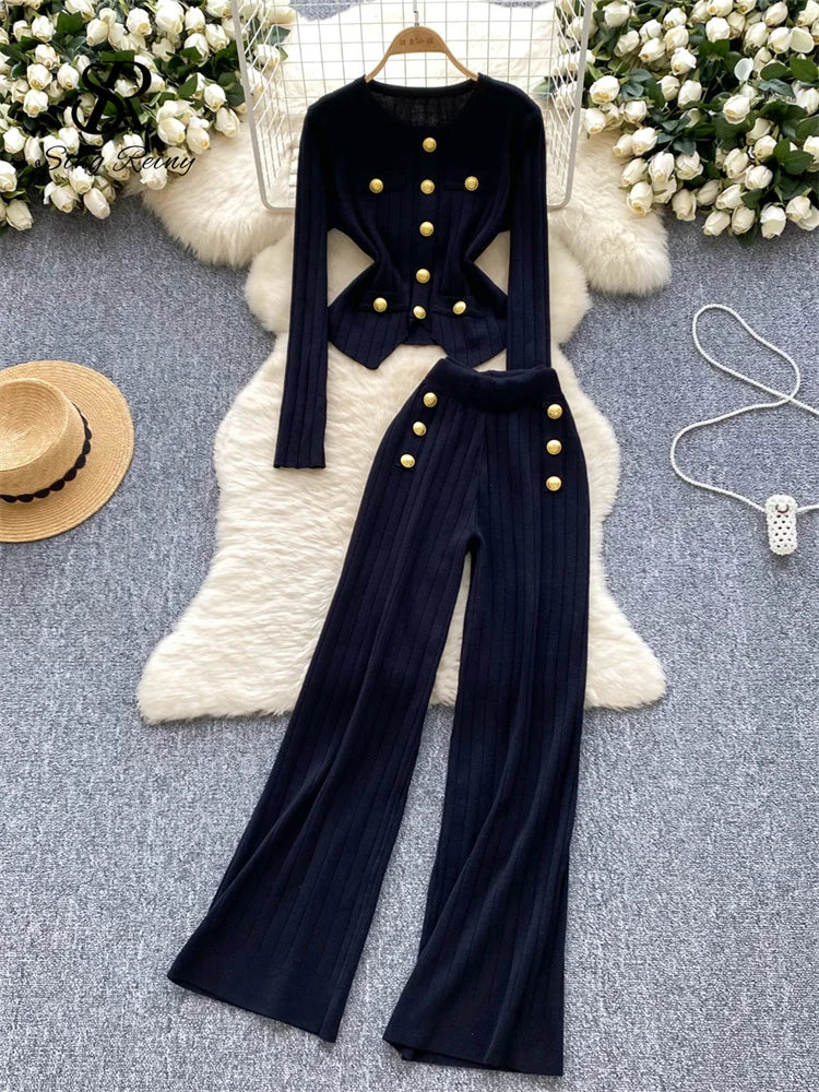 Women's metal button knitted top and high-leg pants set