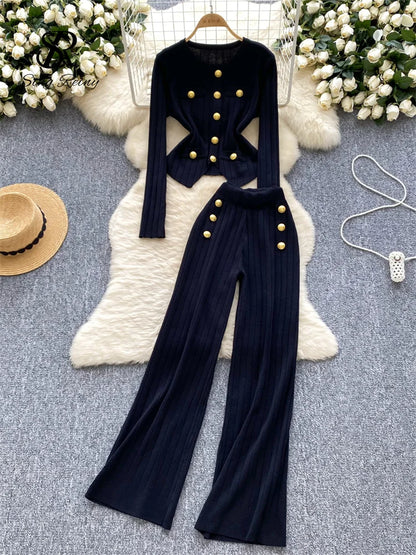 Women's metal button knitted top and high-leg pants set