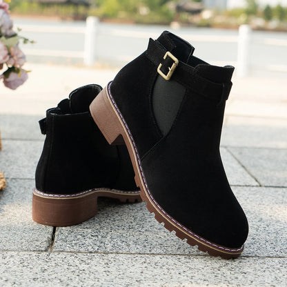 Women's casual mid-heel boots with chunky belt buckle style