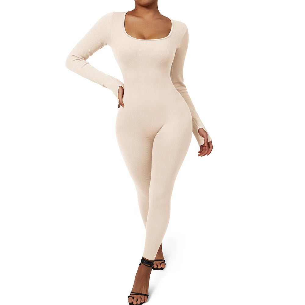 Women's Bodycon Jumpsuit - Long Sleeve Scooped Neck - Stretchable Full-Length Fit