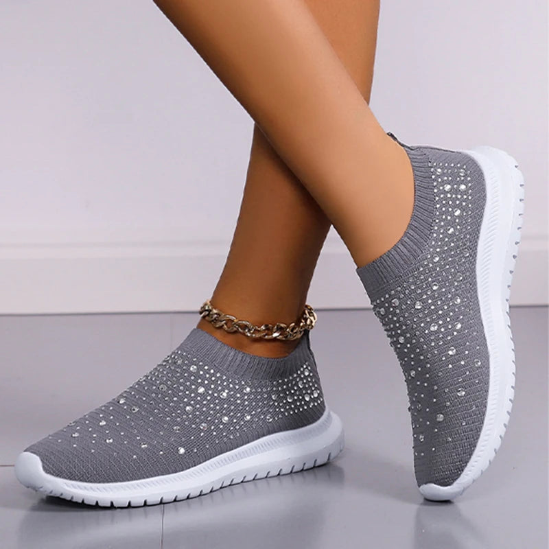 Women's Slip-On Sneakers - Knit Fabric - Rhinestone Embellished - Lightweight Sole