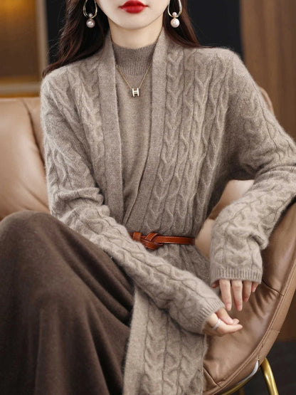 Women’s Long Cardigan – Cable Knit – Relaxed Fit – Ribbed Cuffs – Belted Waist