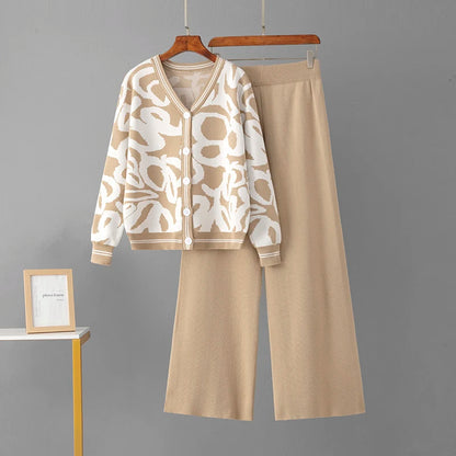 Women's spring/autumn leopard print knitted cardigan wide-leg pants two-piece set