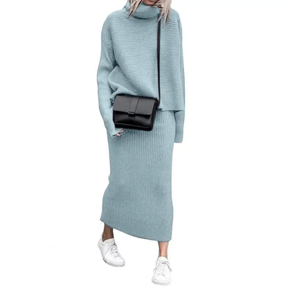 Women's casual  loose high collar pullover knitted sweater skirt set