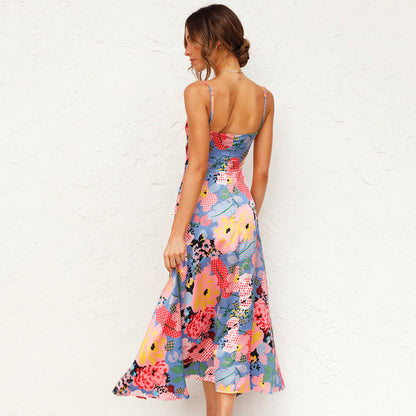 Women's Floral Maxi Dress - Spaghetti Straps - V-Neck Tie Front - Cut-Out High Slit