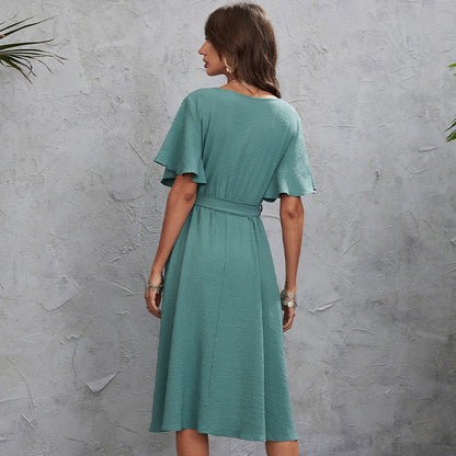 Women's Wrap Dress - V-Neck Midi - Short Flutter Sleeves - Adjustable Tie Waist