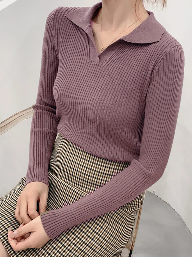 Women's slim ribbed knit sweater pullover with lapel