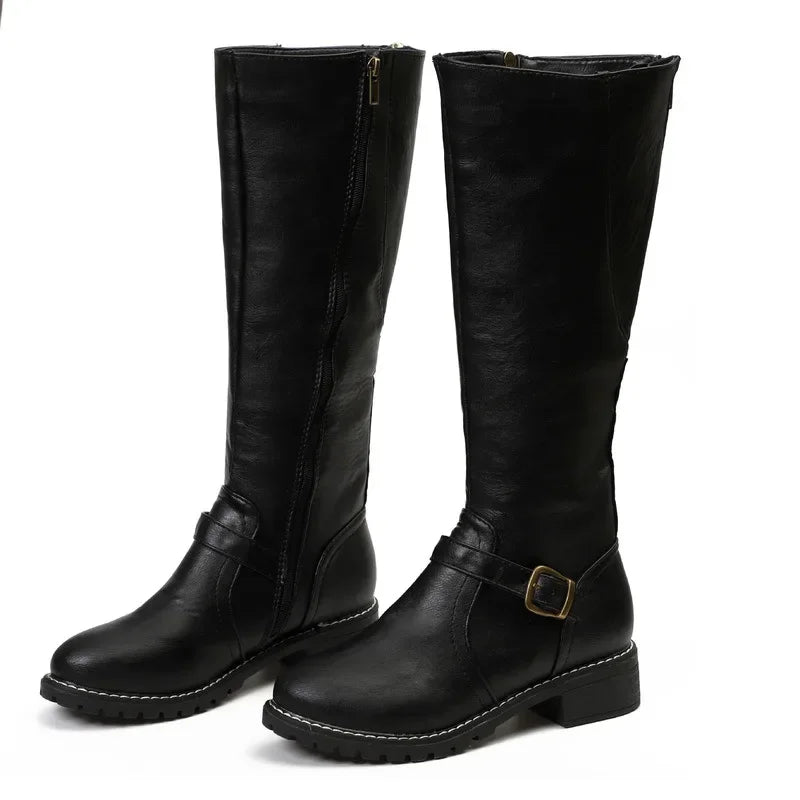 Women's high-top biker boots with chunky heel and buckle design