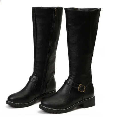 Women's high-top biker boots with chunky heel and buckle design
