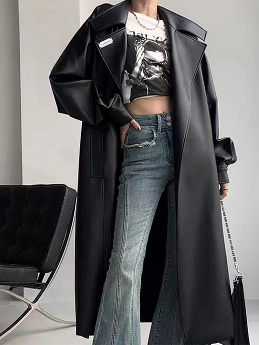 Faux Leather Tailored Long Coat 