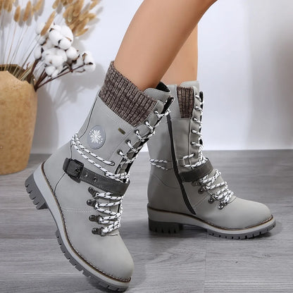 Women's lace-up boots with buckle strap and warm lining