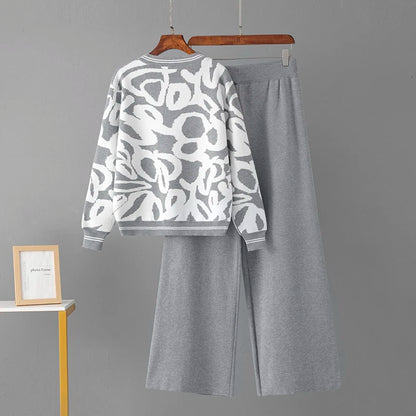 Women's spring/autumn leopard print knitted cardigan wide-leg pants two-piece set
