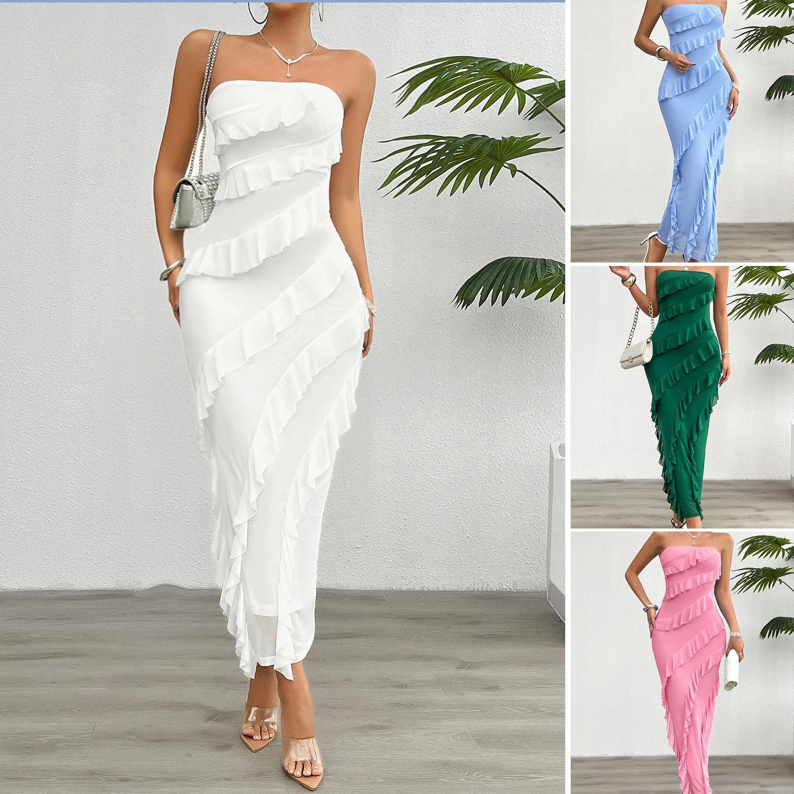 Ruffled Stretch Fabric Bodycon Midi Dress