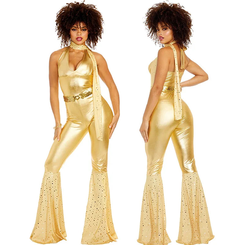 Women's Jumpsuit - 70s Retro Disco Style - Flared Leg - Halter Neck - Metallic Shine