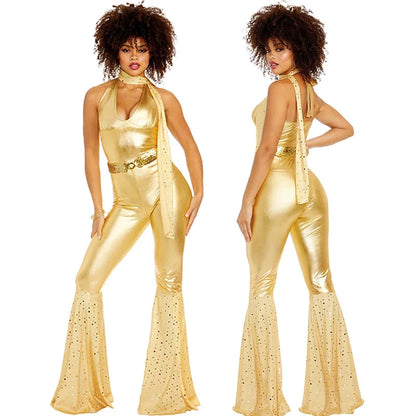 Women's Jumpsuit - 70s Retro Disco Style - Flared Leg - Halter Neck - Metallic Shine