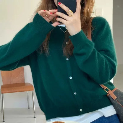 Women’s Cardigan Sweater – Soft Wool Blend – Relaxed Fit – Crew Neck – Button-Up Front