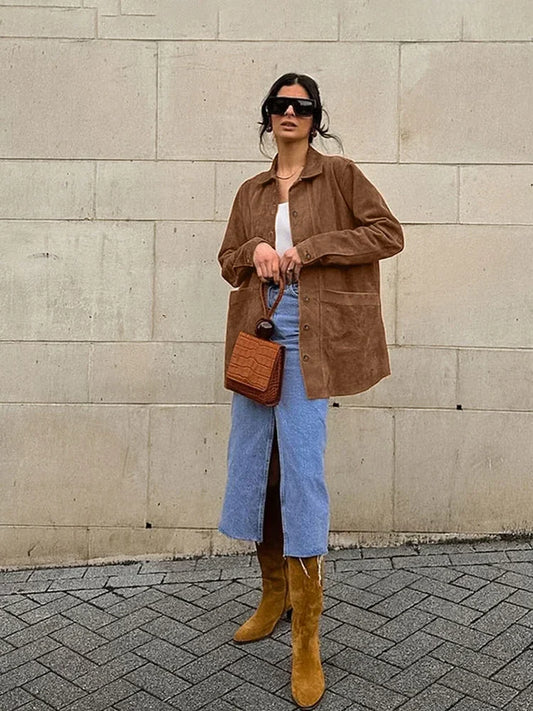 Oversized Suede Leather Button-Up Relaxed Shirt
