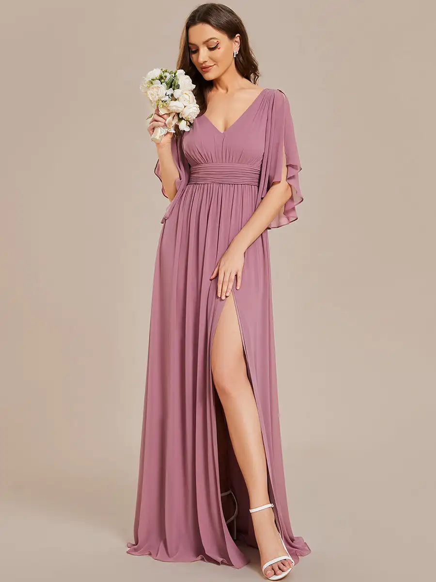Women’s Evening Gown – Chiffon – Draped Fit – V-Neck – Flutter Sleeves – Side Slit