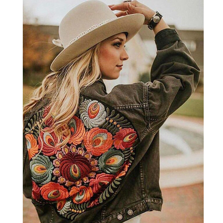 Women's boho gray denim jacket with embroidery