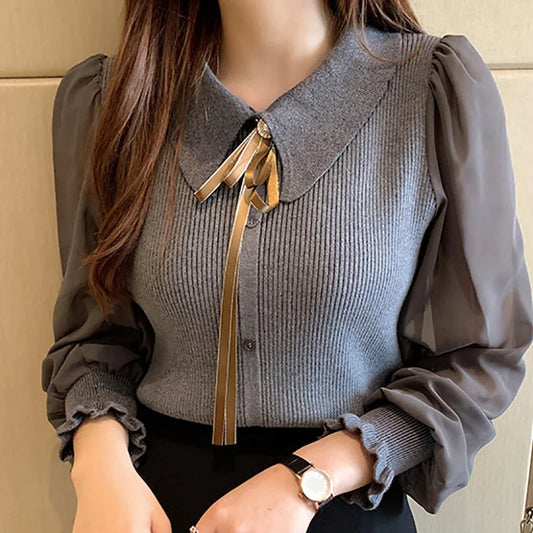 Ribbed Knit Puff Sleeve Blouse With Bow