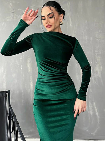 Women's Bodycon Dress - Long Sleeve Stretch Fit - Ruched Detailing Elegant Wear