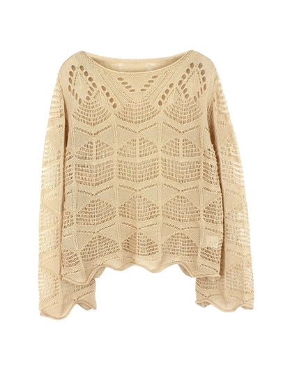 Women's round neck long sleeve hollow knit sweater summer