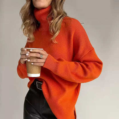 Women’s Turtleneck Sweater – Relaxed Fit – Fine Knit – Side Slit Hem – Long Sleeve
