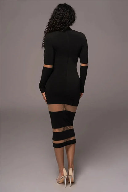 Women’s Midi Dress – Bodycon Fit – High Neck – Long Sleeve – Cut-Out Detailing