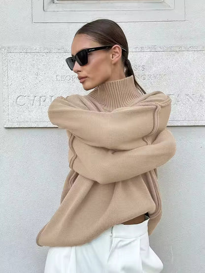 Women’s Turtleneck Sweater – Loose Fit Knit – Ribbed Trim – Exposed Seam Detail