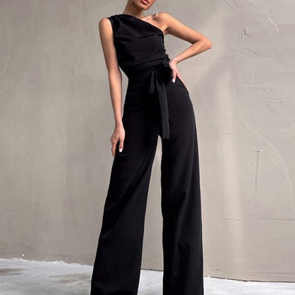 Women's One-Shoulder Jumpsuit – Asymmetrical Neckline – Waist Belt – Wide-Leg Elegant Fit