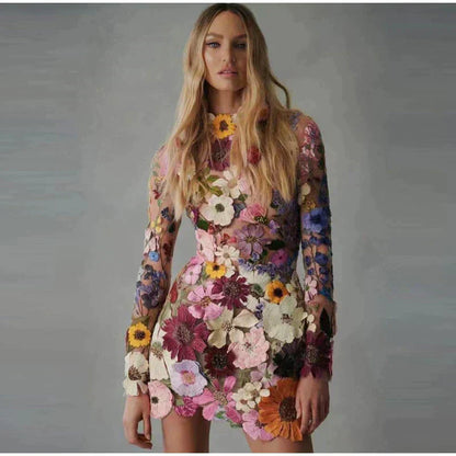 Women's Mini Dress - Sheer Overlay - Floral Embroidered - Long Sleeve - High Neck
