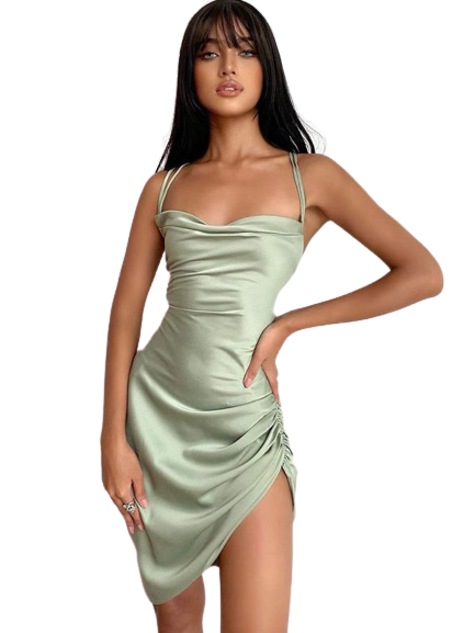Women's Bodycon Mini Dress - Sweetheart Neckline - Spaghetti Straps - Ruched Detail