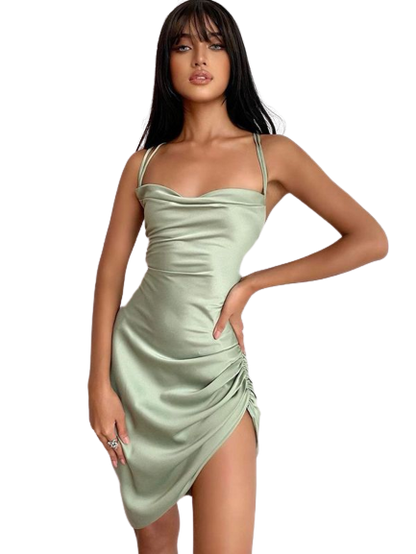 Women's Bodycon Mini Dress - Sweetheart Neckline - Spaghetti Straps - Ruched Detail