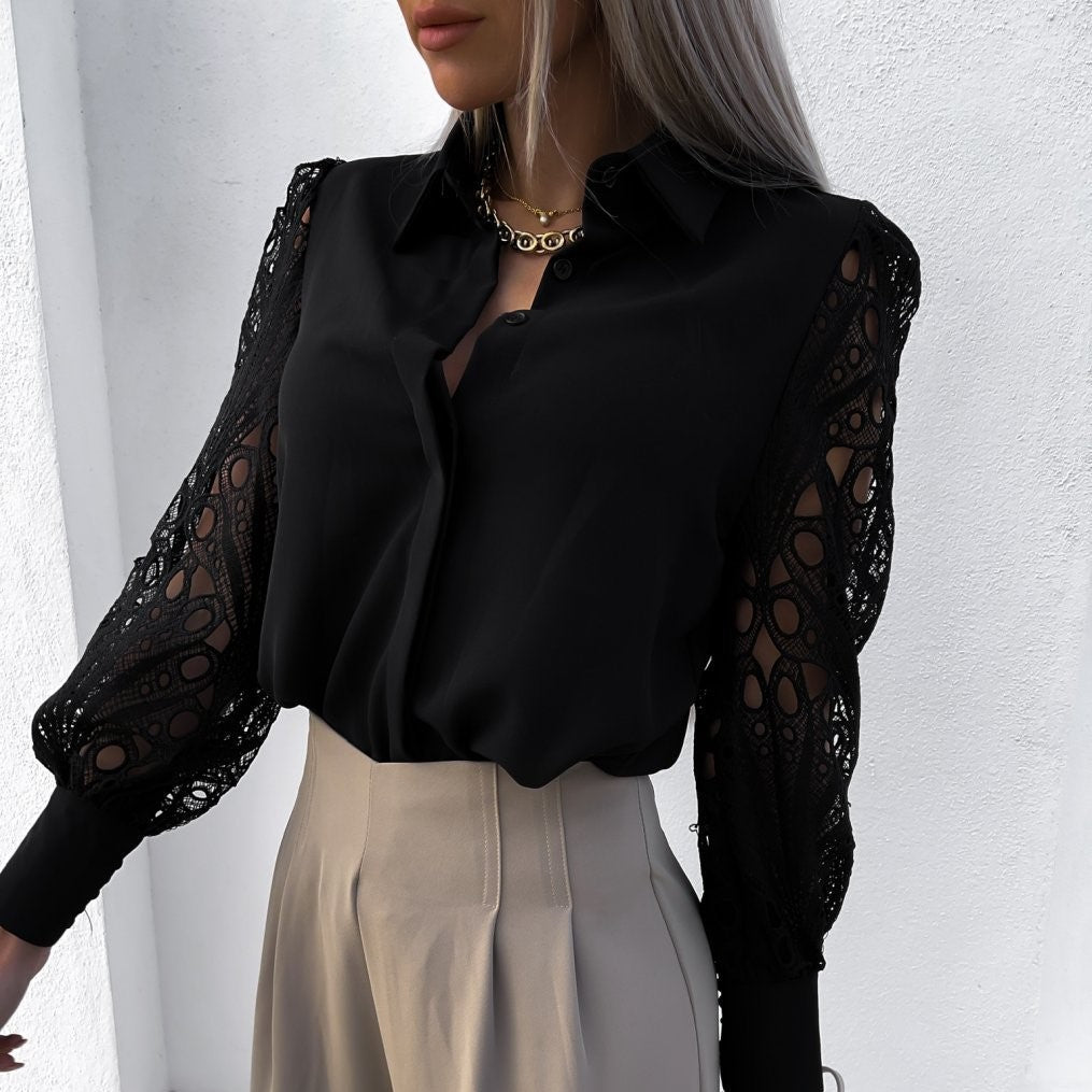 Women's Blouse - Lace Sleeve - Button Down Elegant Formal Wear