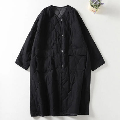 Women’s Coat - Cotton Blend - Oversized Fit - Mid-Calf Length - Collarless V-Neck