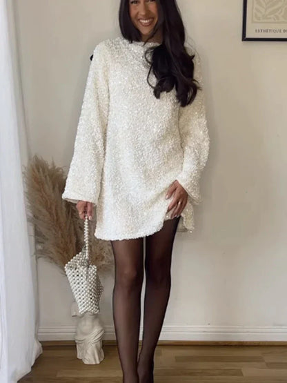 Women's Long-Sleeve Mini Dress - Boucle Textured - Shift Style - Round Neck