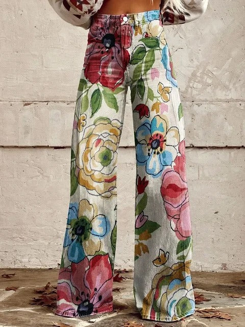 Women's wide-leg watercolor floral pants