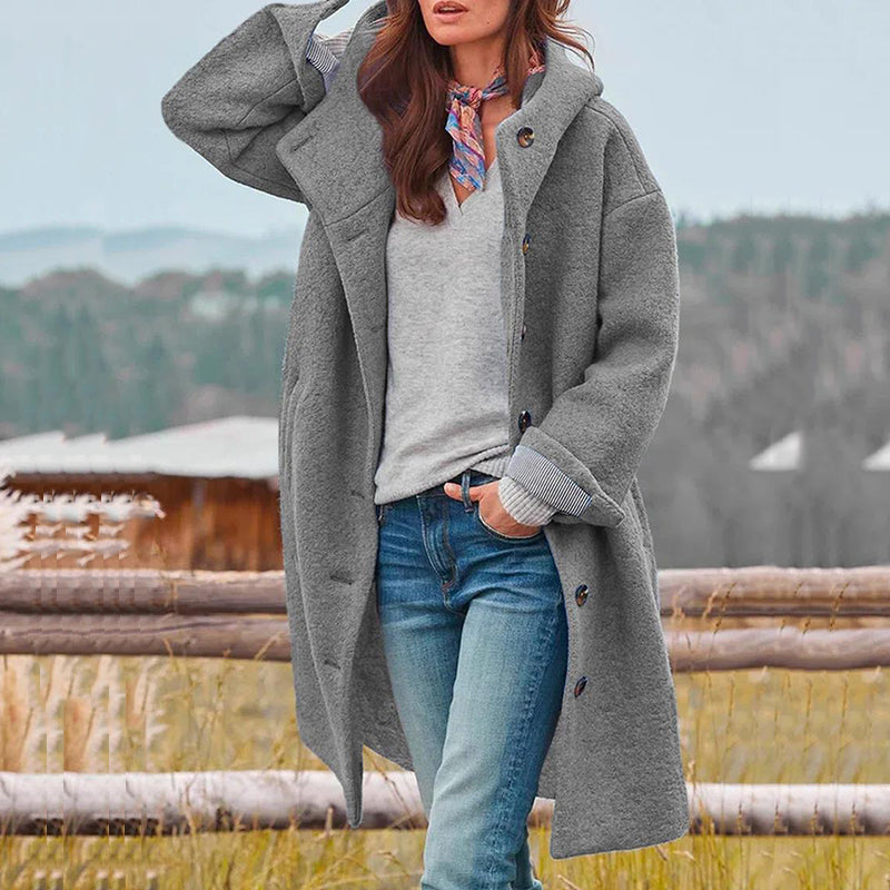 Women’s Long Coat - Oversized Fit - Button-Front - Textured Fabric - Wide Notched Collar