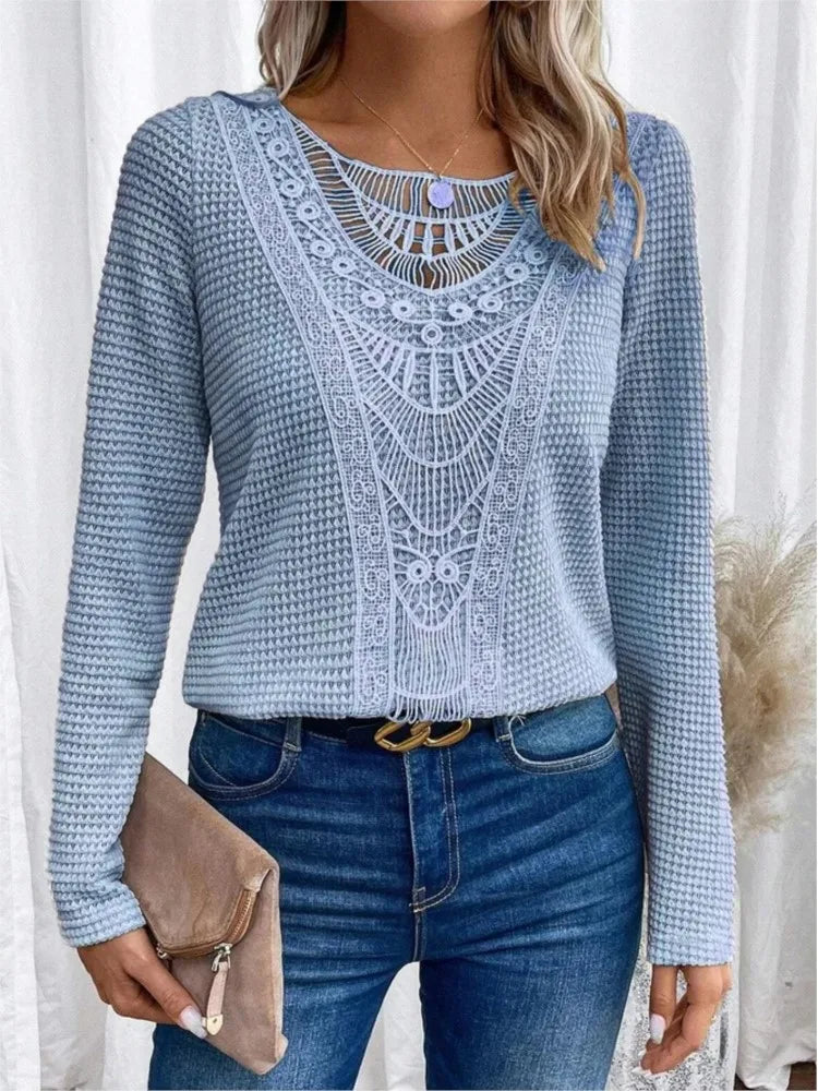 Women's Long-Sleeve Top - Waffle Knit - Lace Applique Detail - Scoop Neck - Relaxed Fit