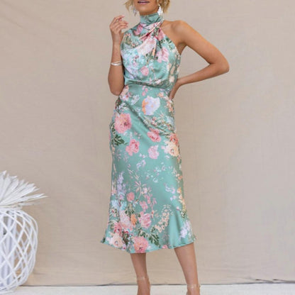 Women's Halter Neck Midi Dress - Sleeveless Flowing Fit - Elegant Floral Design