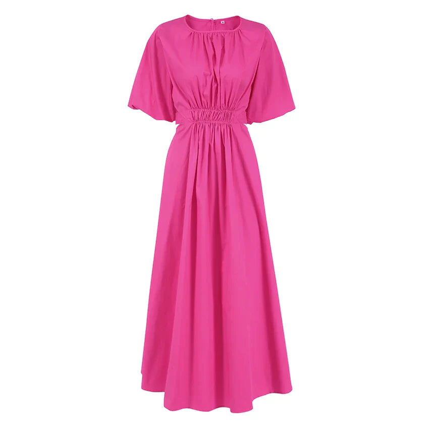 Women's Midi Dress - Puff Sleeve - Cut-Out Waist - A-Line Flowy Silhouette